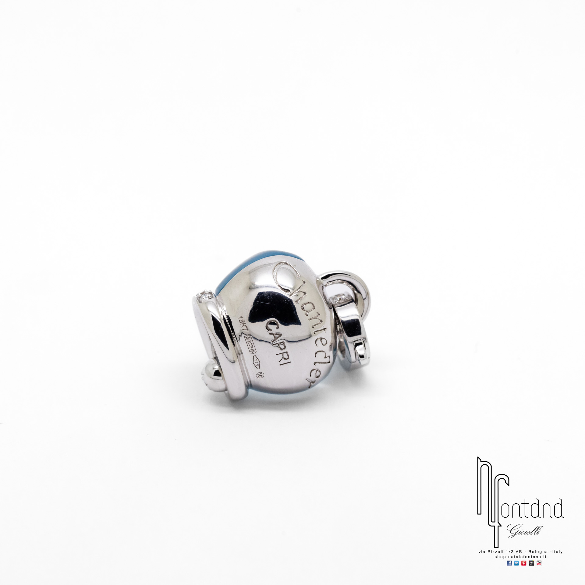 CIONDOLO CAMPANELLE IN ORO BIANCO 18KT, TOPAZIO SKY BLU E DIAMANTI