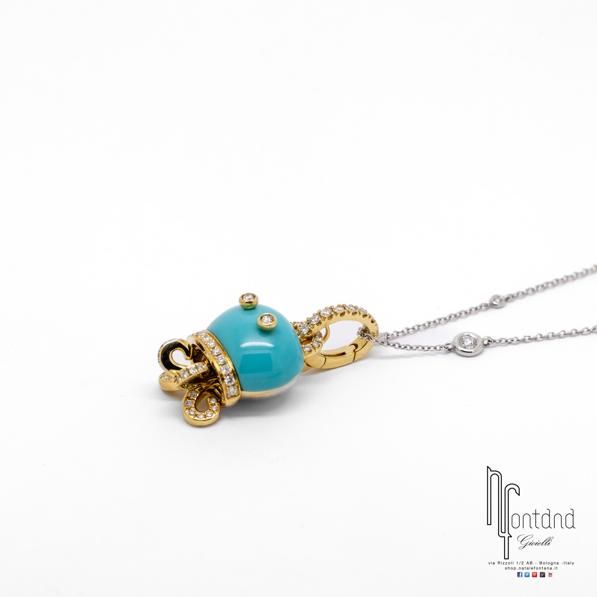 CIONDOLO MARINELLE POLPO IN ORO GIALLO 18KT, DIAMANTI E TURCHESE