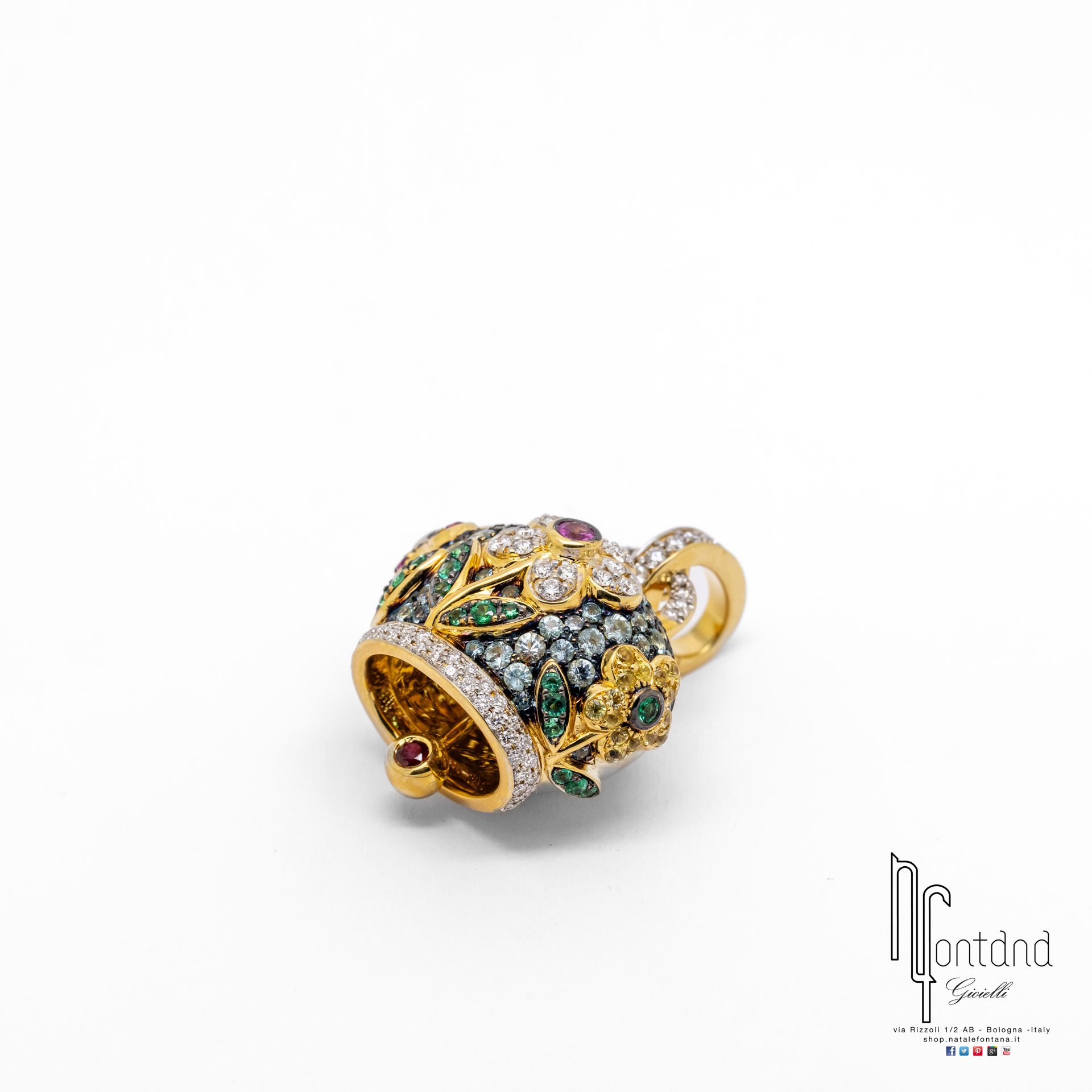 CIONDOLO CAMPANELLE IN ORO GIALLO 18KT E PIETRE PREZIOSE