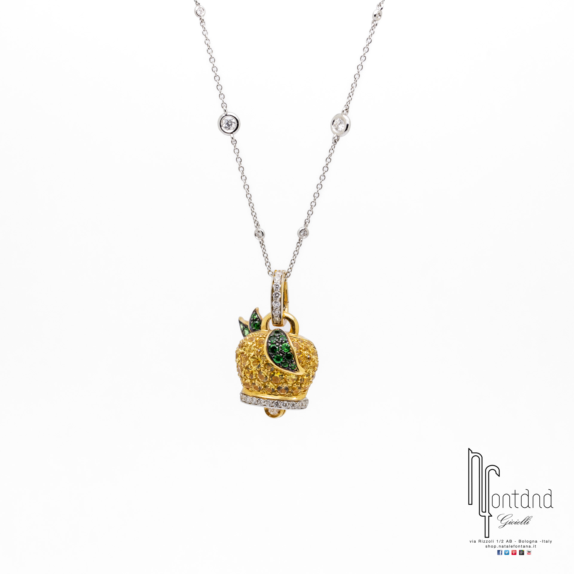 CIONDOLO CAMPANELLE IN ORO GIALLO 18KT, DIAMANTI, ZAFFIRI GIALLI E TSAVORITI