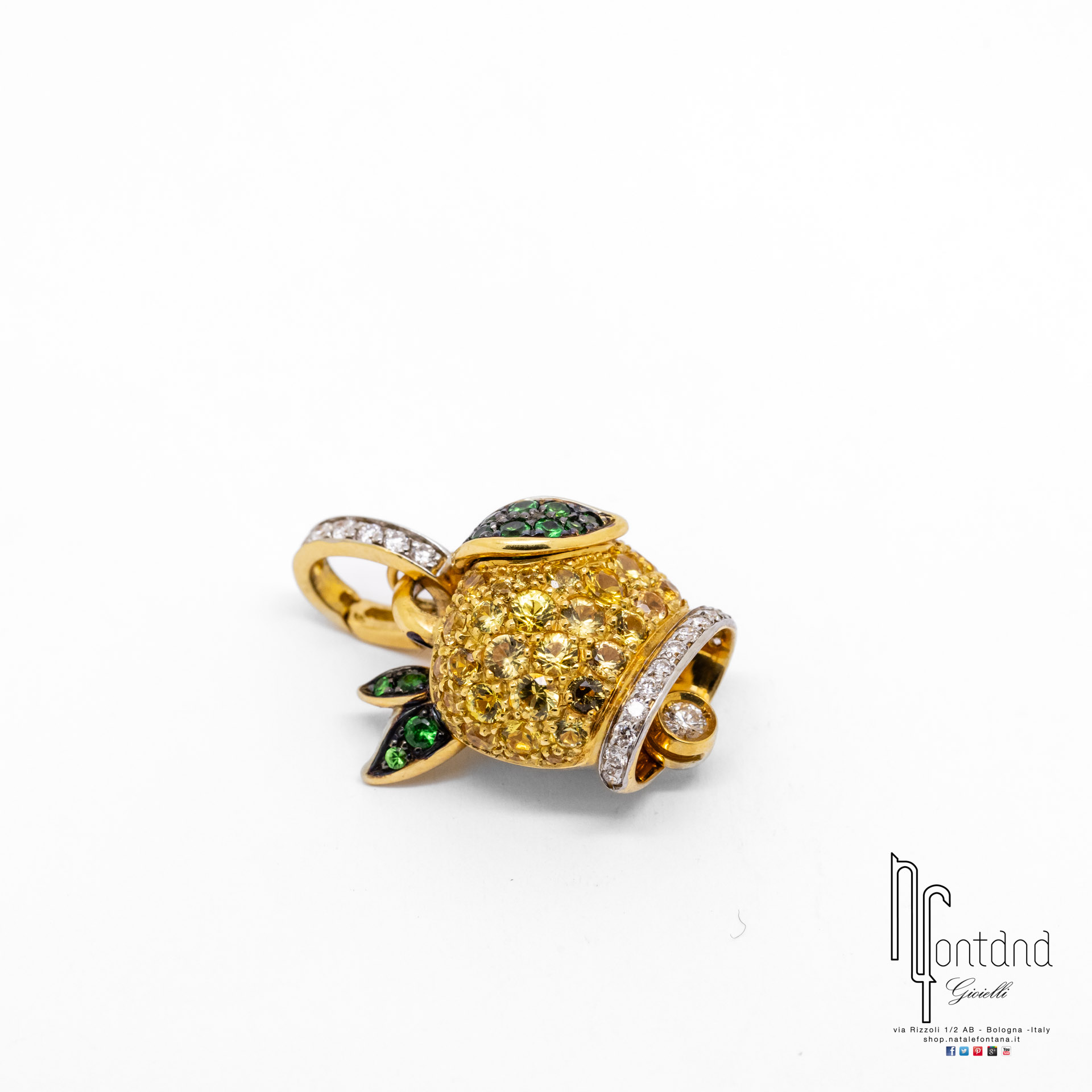 CIONDOLO CAMPANELLE IN ORO GIALLO 18KT, DIAMANTI, ZAFFIRI GIALLI E TSAVORITI