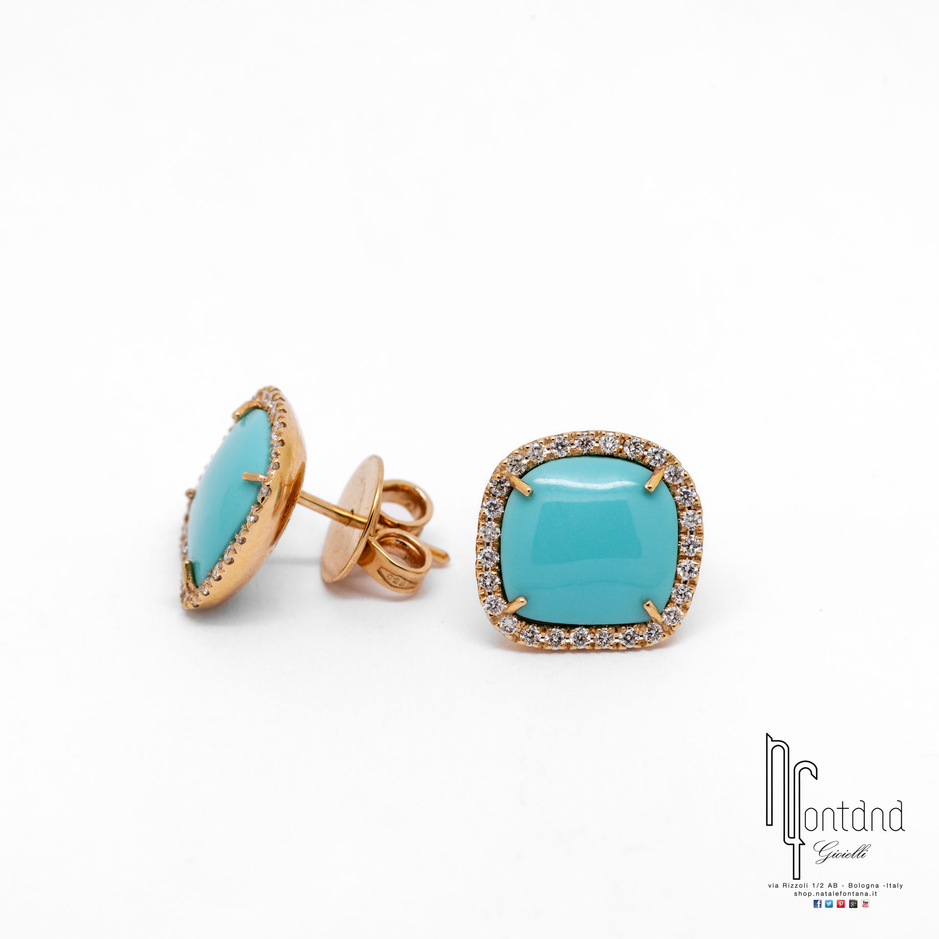 ORECCHINI ENCHANTE' IN ORO ROSA 18KT, DIAMANTI E TURCHESE