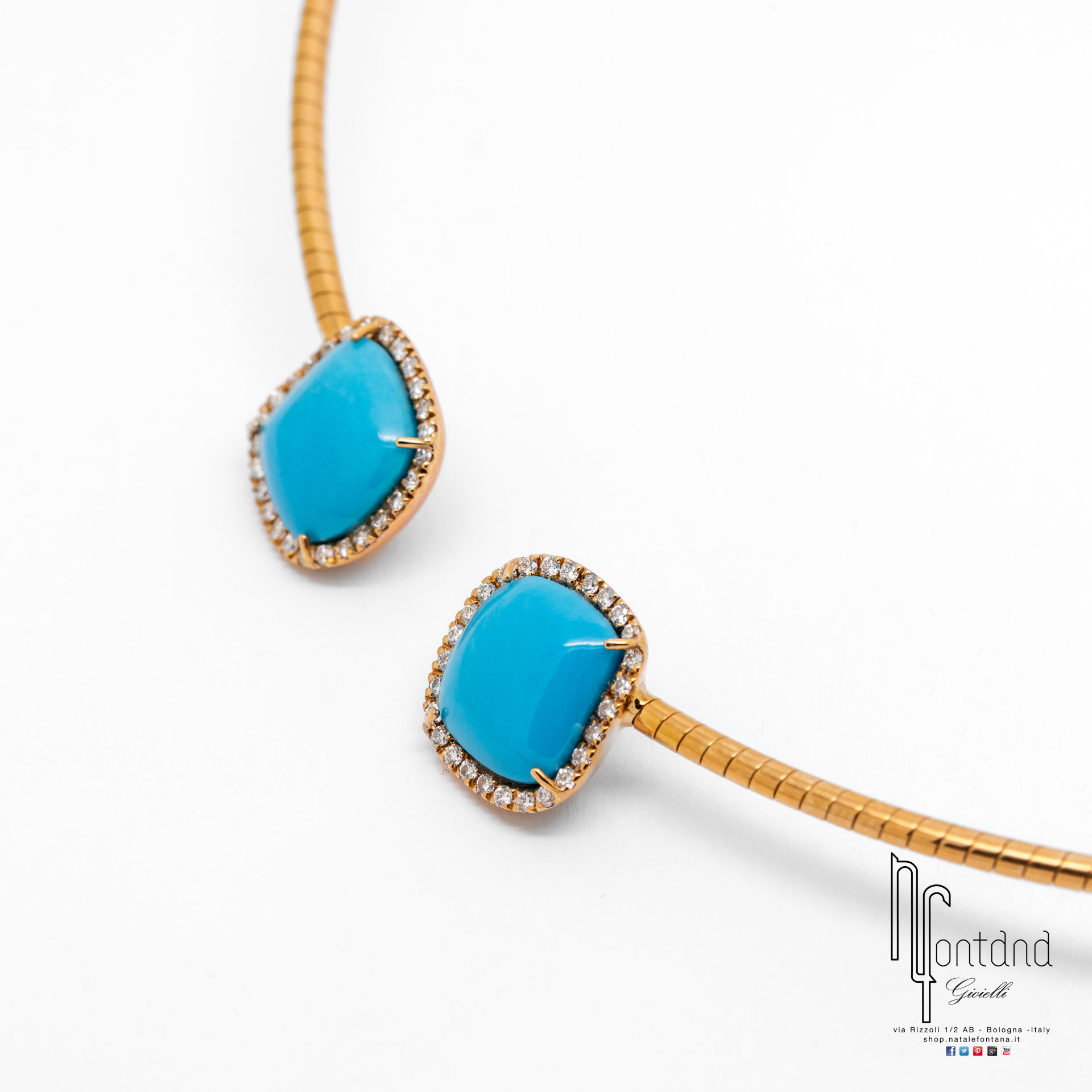 CHOKER  ENCHANTE'  IN ORO ROSA 18KT, DIAMANTI E TURCHESE