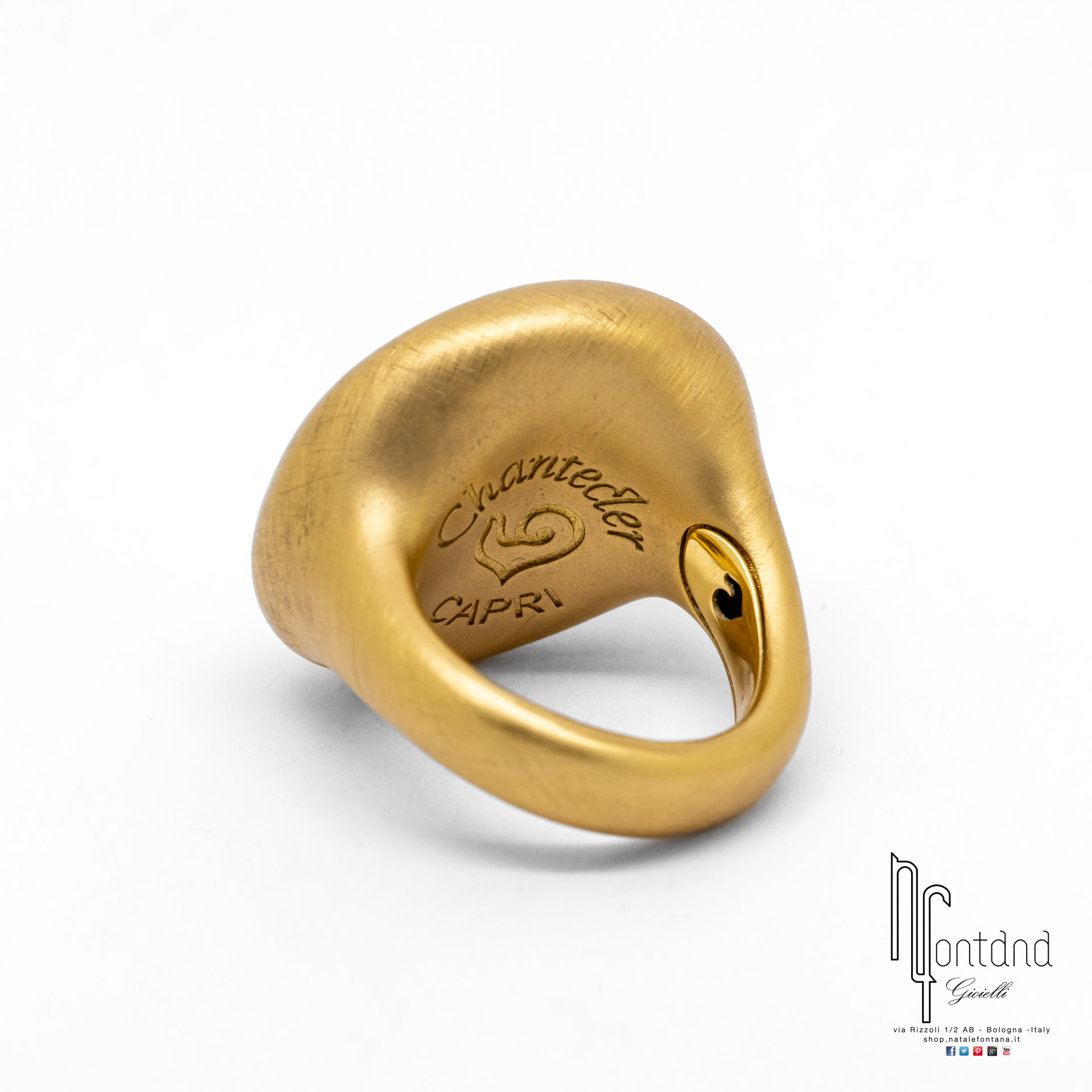 ANELLO ENCHANTE' IN ORO GIALLO SATINATO 18KT, DIAMANTI, MALACHTE E CRISTALLO DI ROCCA