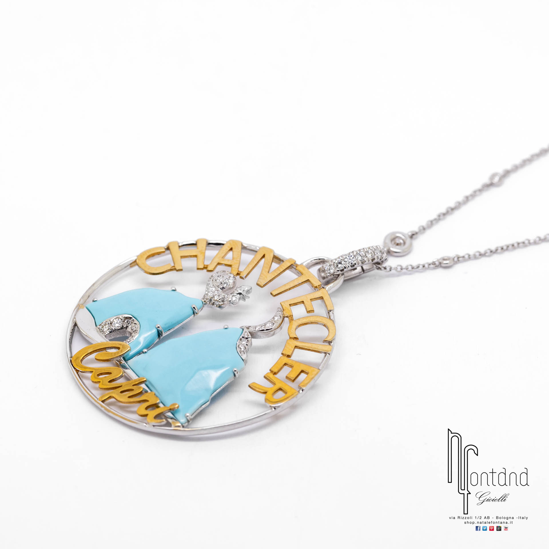 CIONDOLO LOGO IN ORO BIANCO E GIALLO 18KT, DIAMANTI E TURCHESE