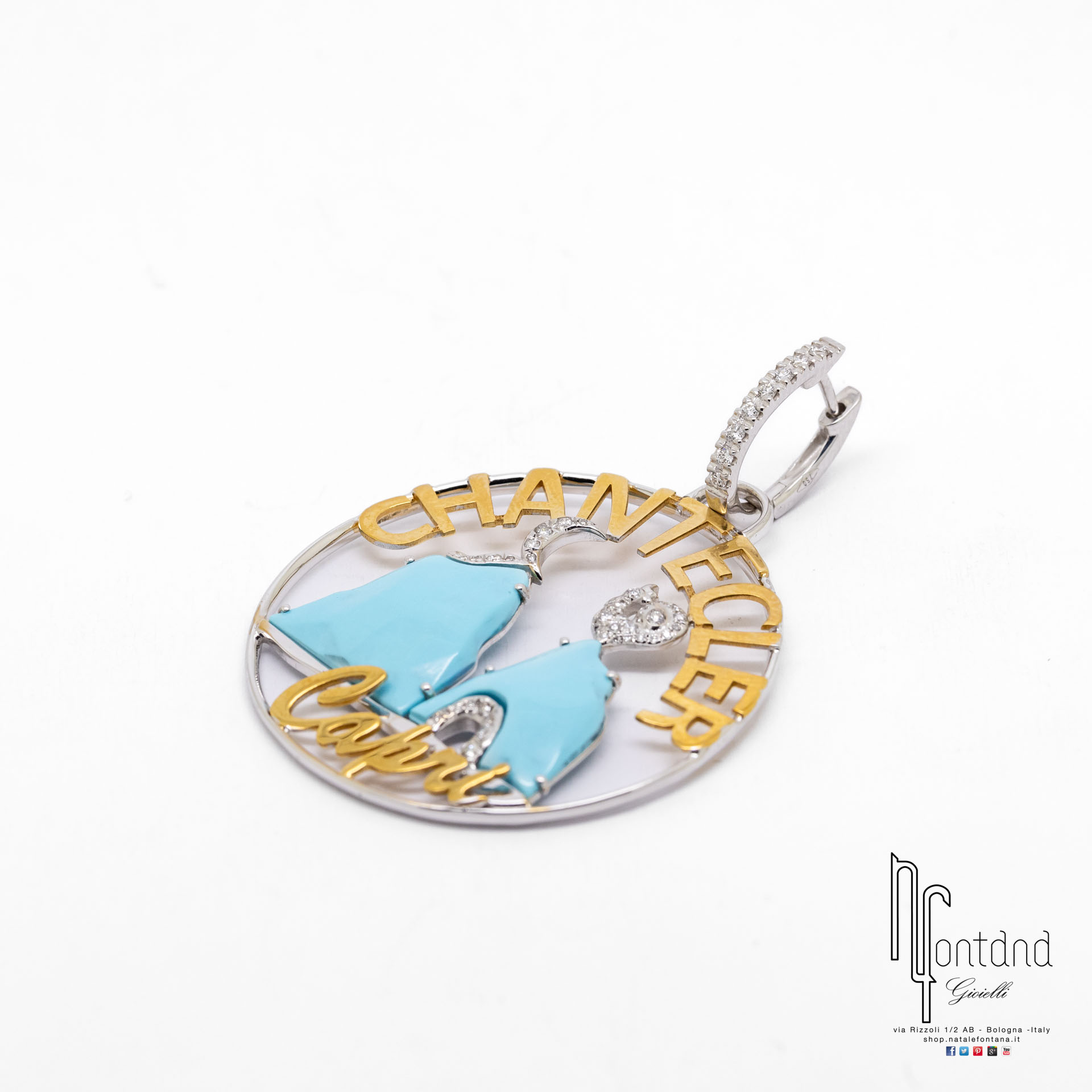 ORECCHINI LOGO IN ORO BIANCO E GIALLO 18KT, DIAMANTI E TURCHESE