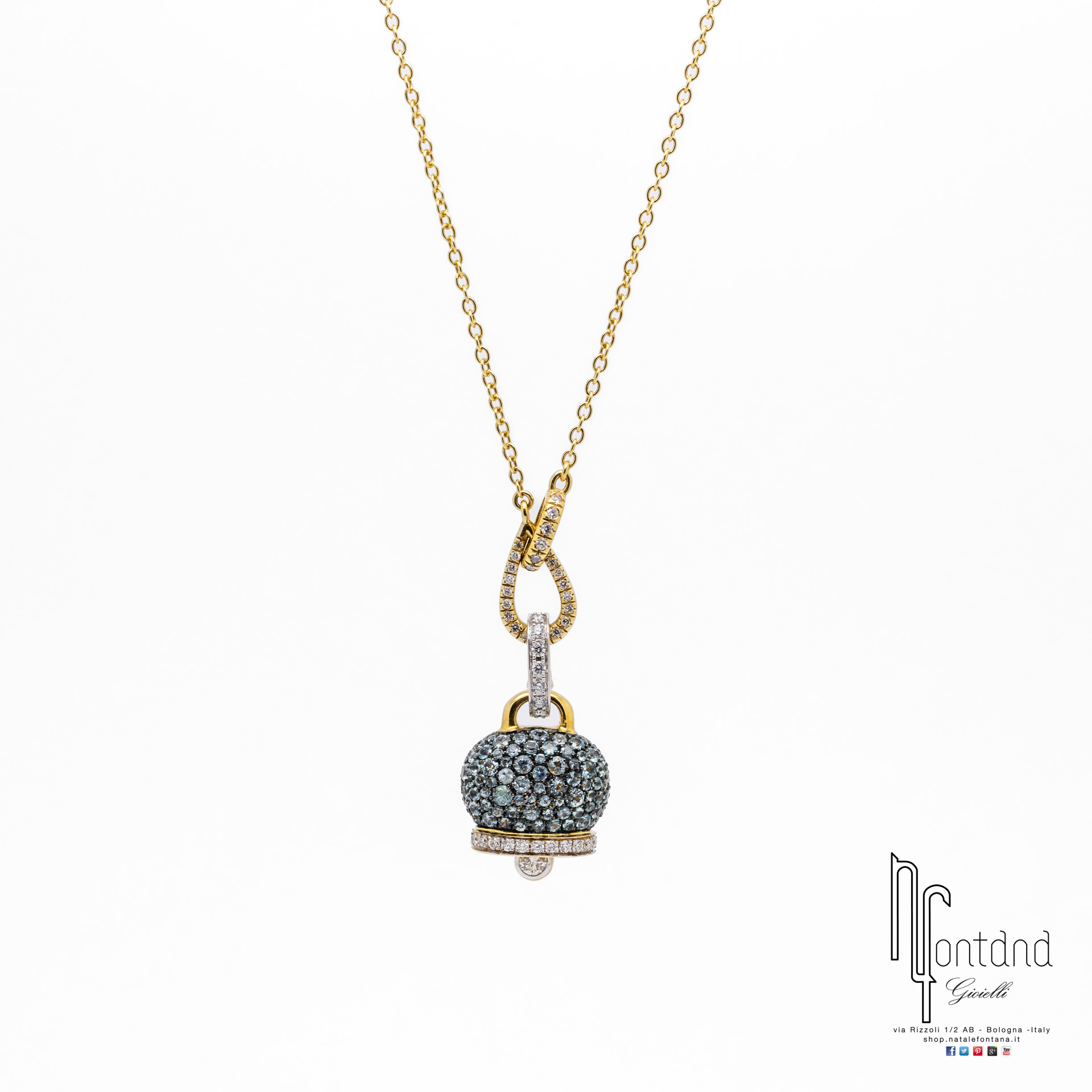 CIONDOLO CAMPANELLE IN ORO GIALLO E BIANCO 18KT, DIAMANTI E TORMALINA PARAIBA