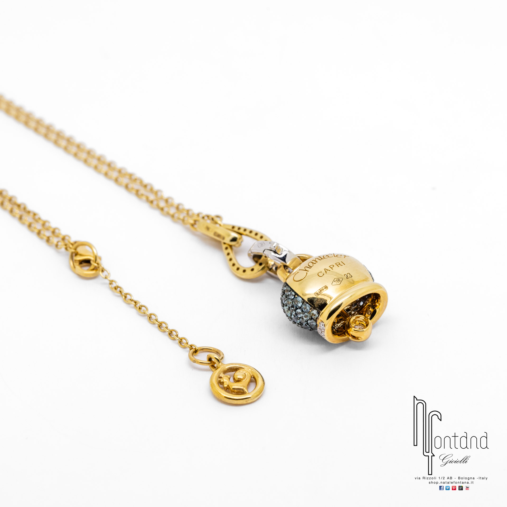 CIONDOLO CAMPANELLE IN ORO GIALLO E BIANCO 18KT, DIAMANTI E TORMALINA PARAIBA
