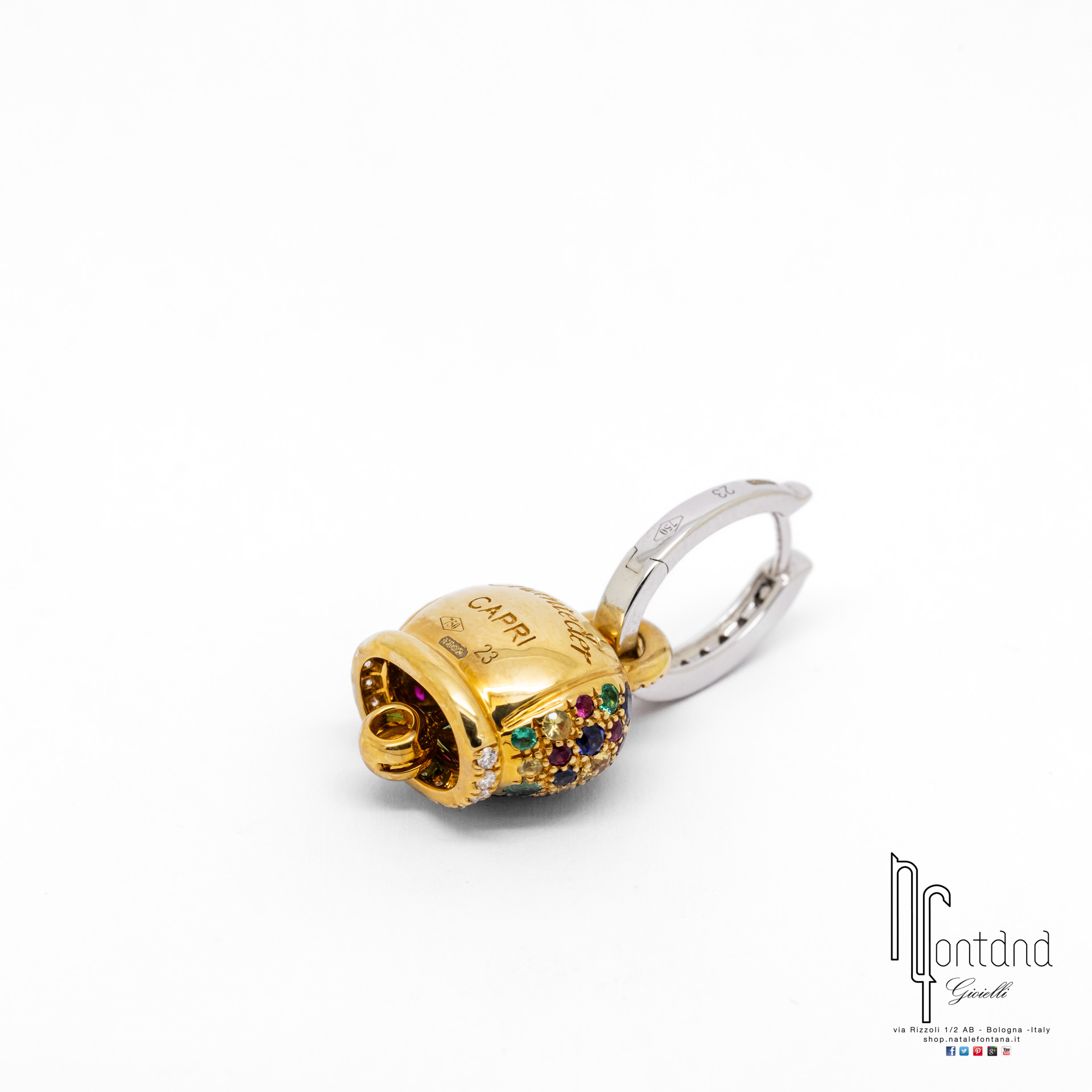 ORECCHINI CAMPANELLE IN ORO GIALLO 18KT, DIAMANTI, RUBINI, SMERALDI E ZAFFIRI