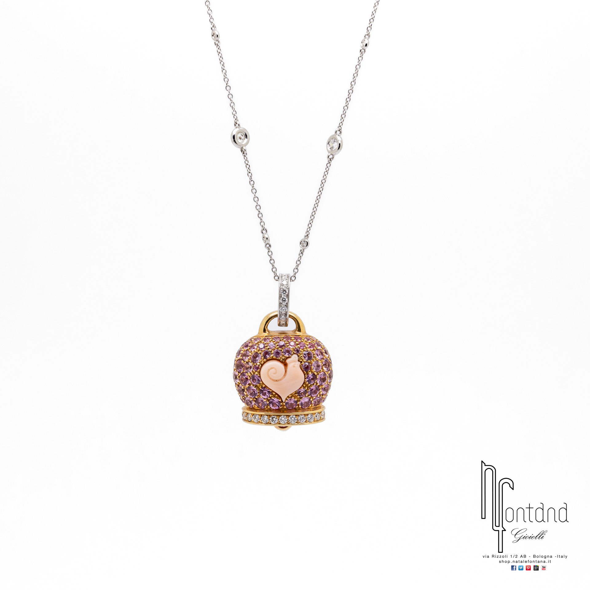 CIONDOLO CAMPANELLE IN ORO BIANCO E ROSA 18KT, DIAMANTI, ZAFFIRI ROSA E CORALLO ROSA