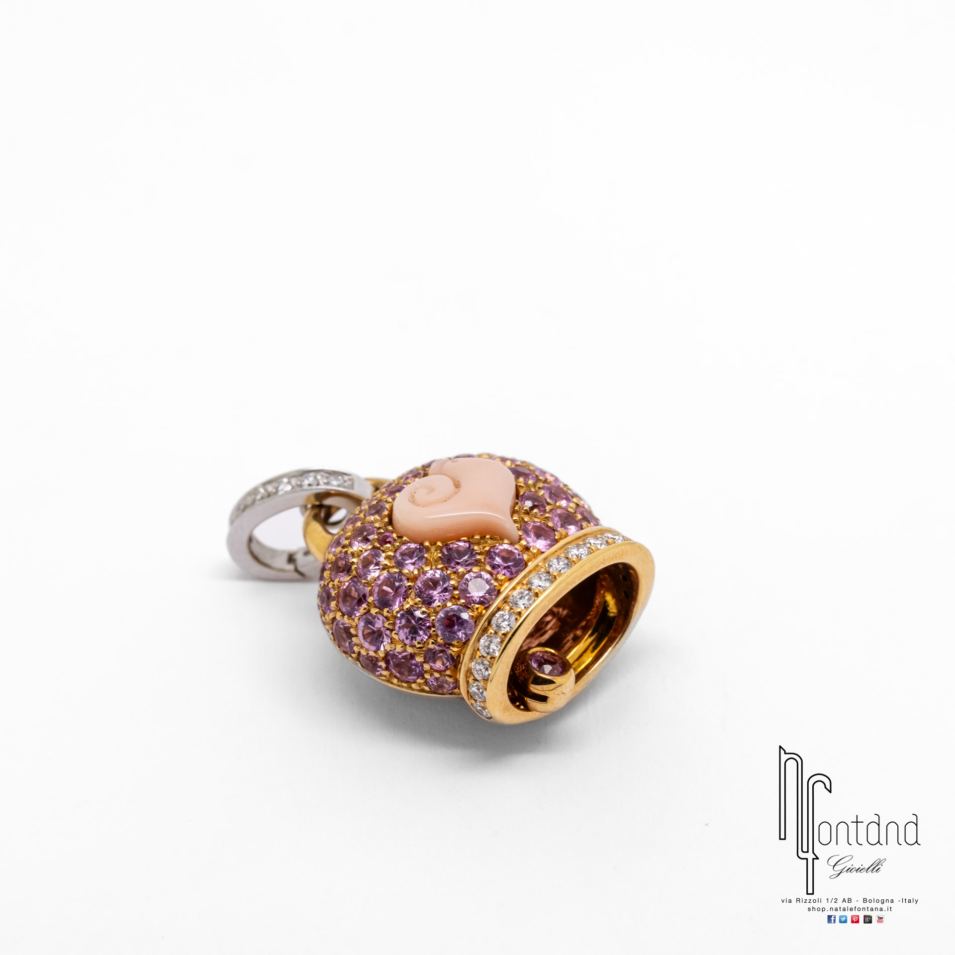 CIONDOLO CAMPANELLE IN ORO BIANCO E ROSA 18KT, DIAMANTI, ZAFFIRI ROSA E CORALLO ROSA