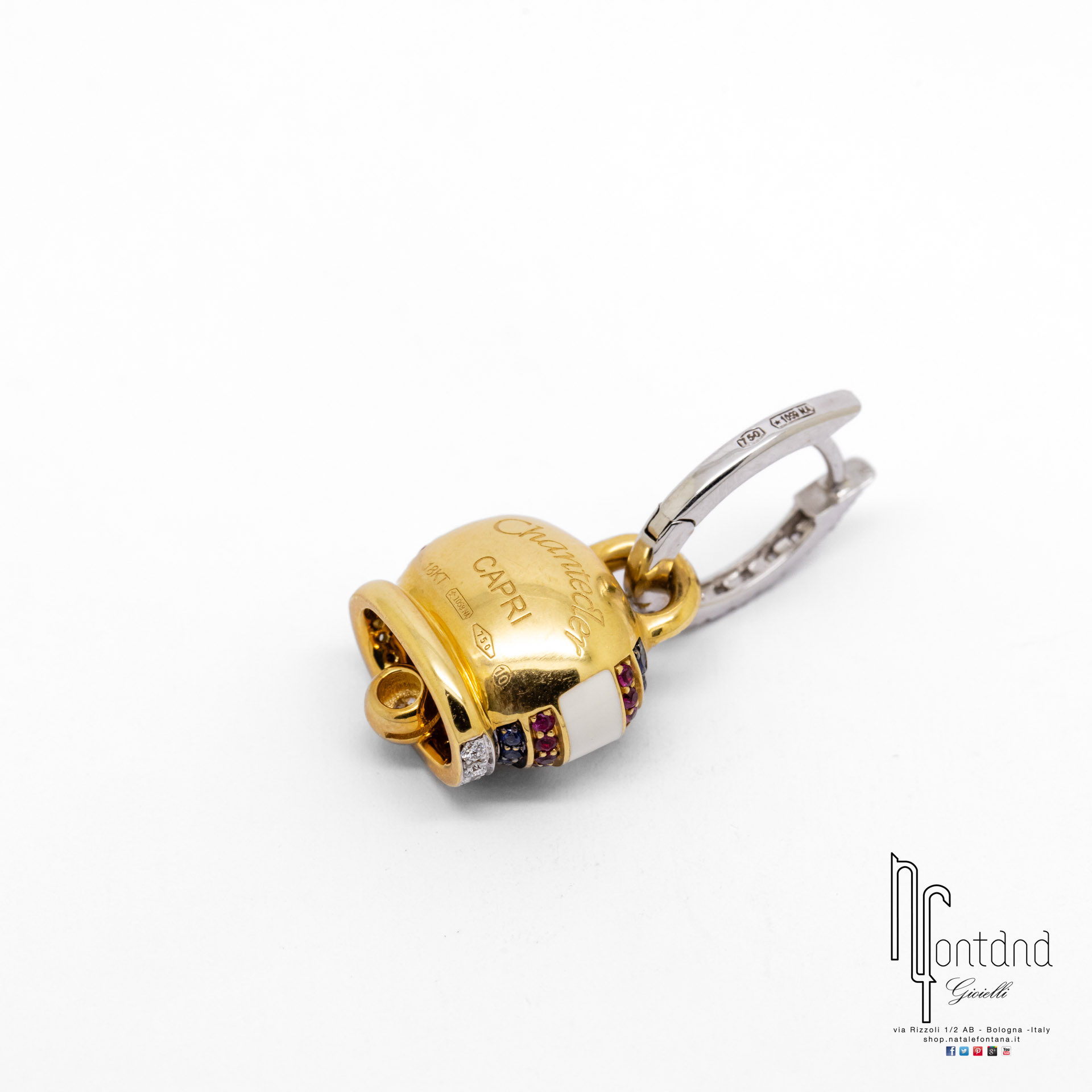 ORECCHINI CAMPANELLE IN ORO GIALLO 18KT, DIAMANTI, RUBINI, ZAFFIRI E SMALTO BIANCO