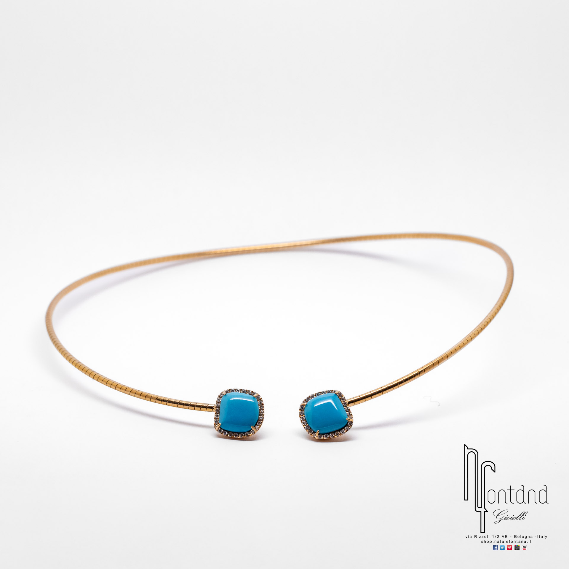 CHOKER  ENCHANTE'  IN ORO ROSA 18KT, DIAMANTI E TURCHESE