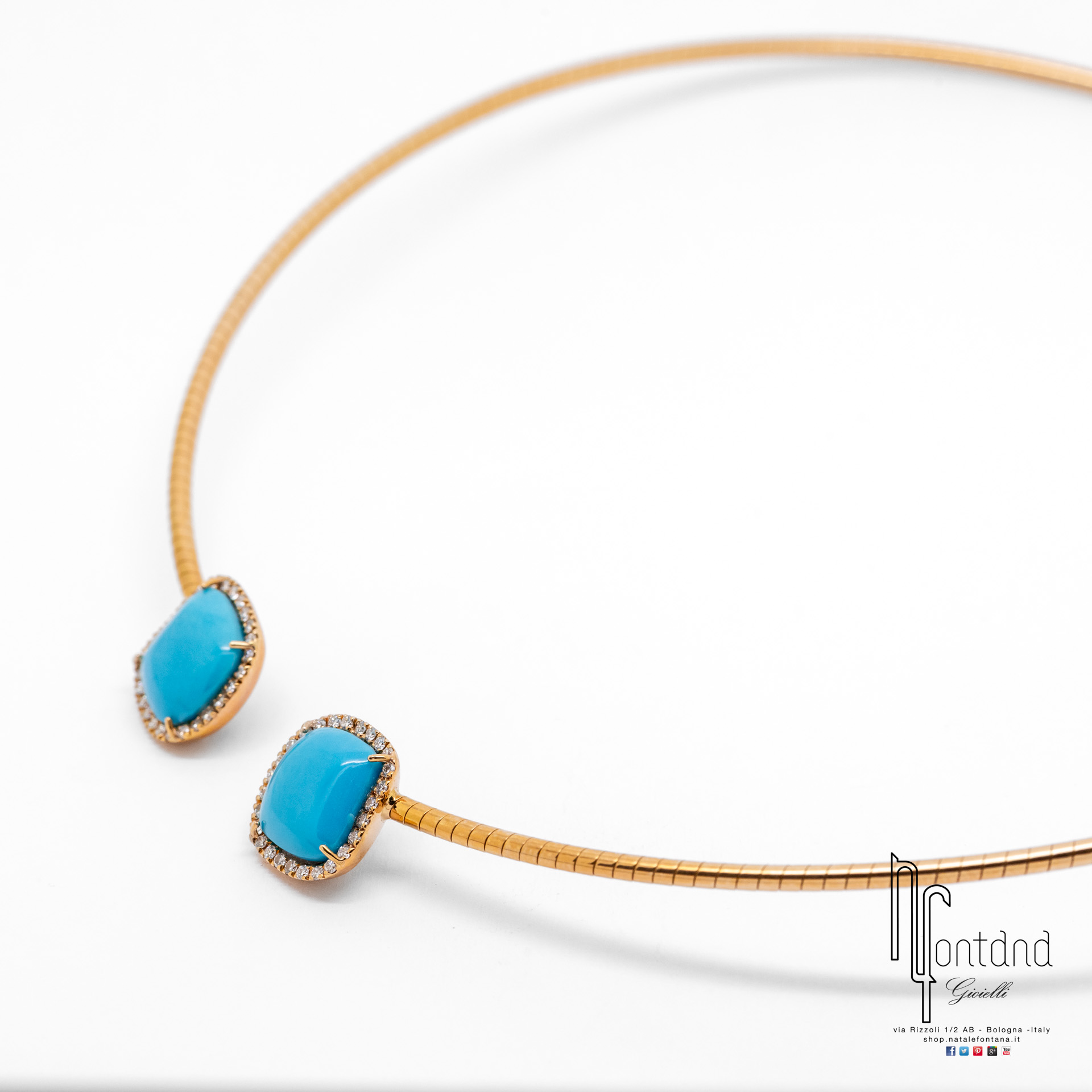 CHOKER  ENCHANTE'  IN ORO ROSA 18KT, DIAMANTI E TURCHESE