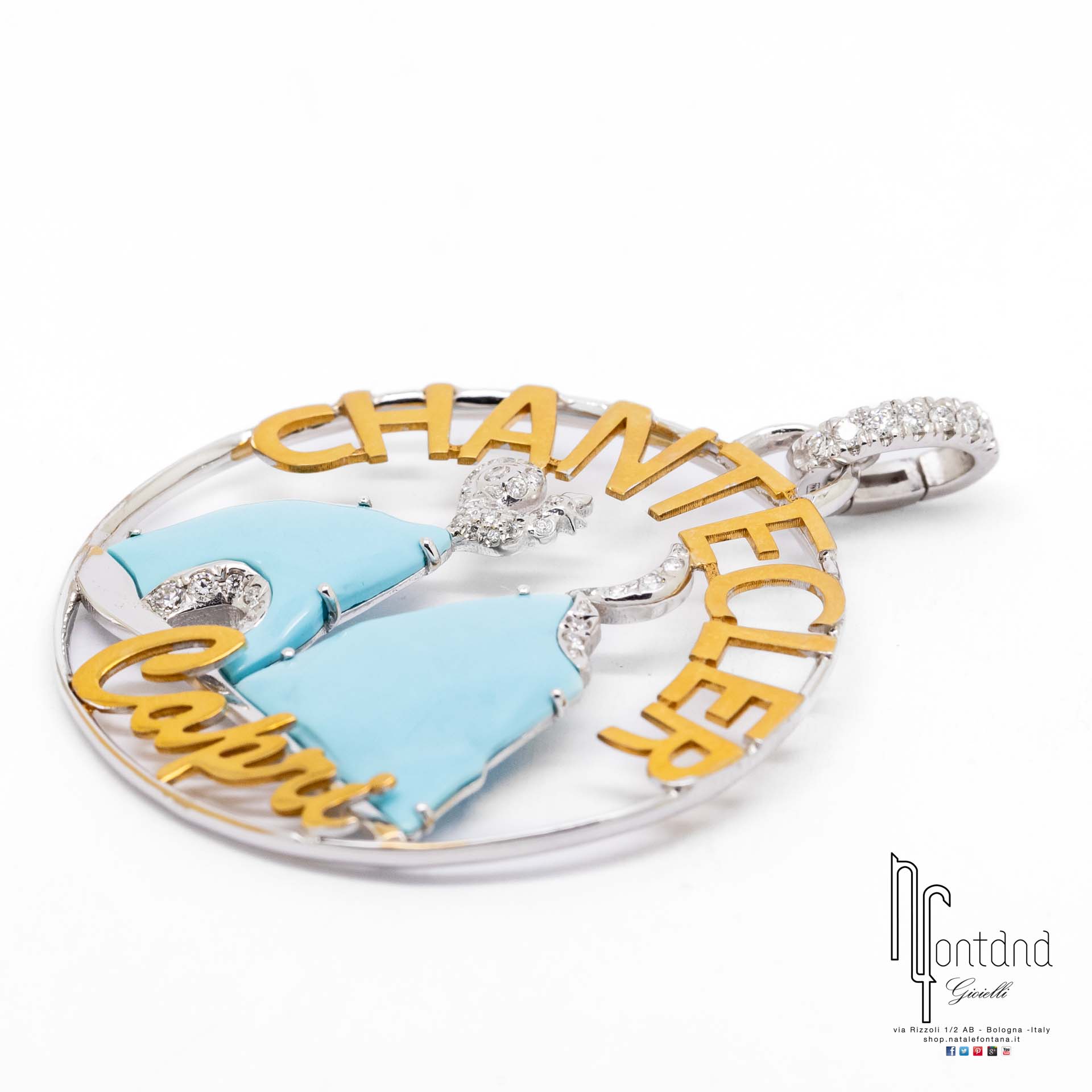 CIONDOLO LOGO IN ORO BIANCO E GIALLO 18KT, DIAMANTI E TURCHESE