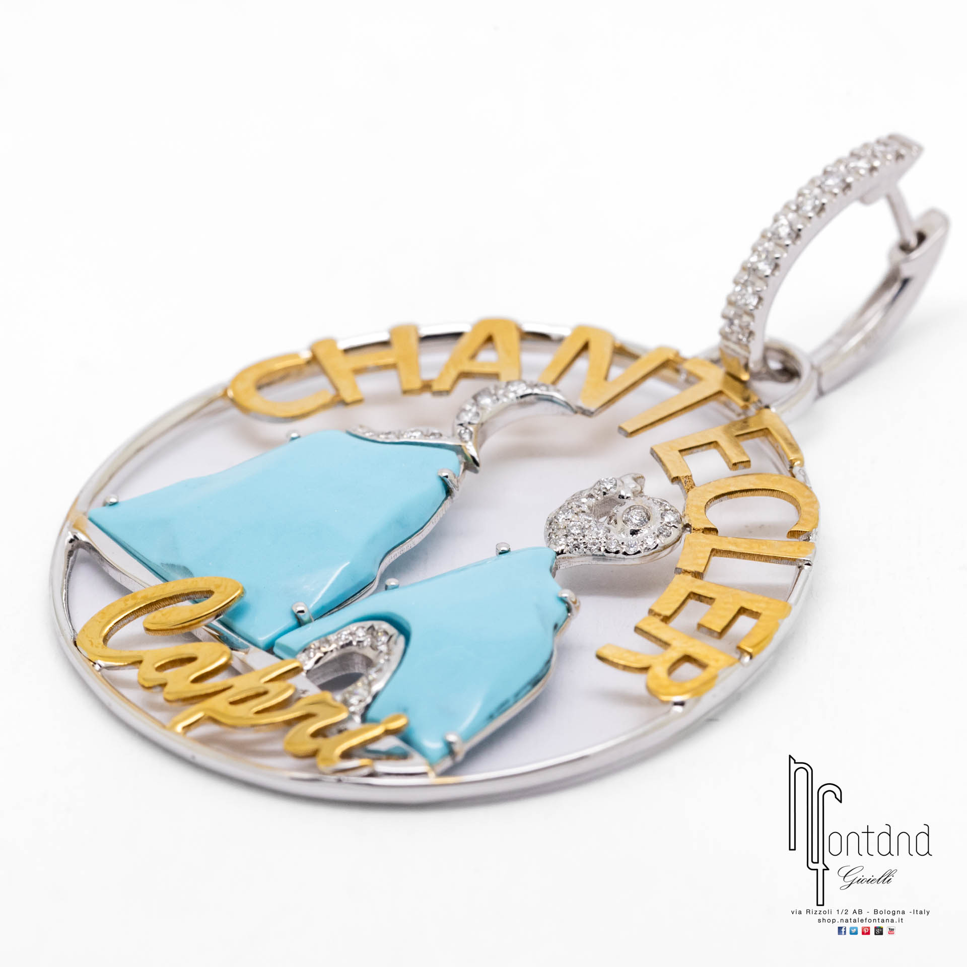 ORECCHINI LOGO IN ORO BIANCO E GIALLO 18KT, DIAMANTI E TURCHESE