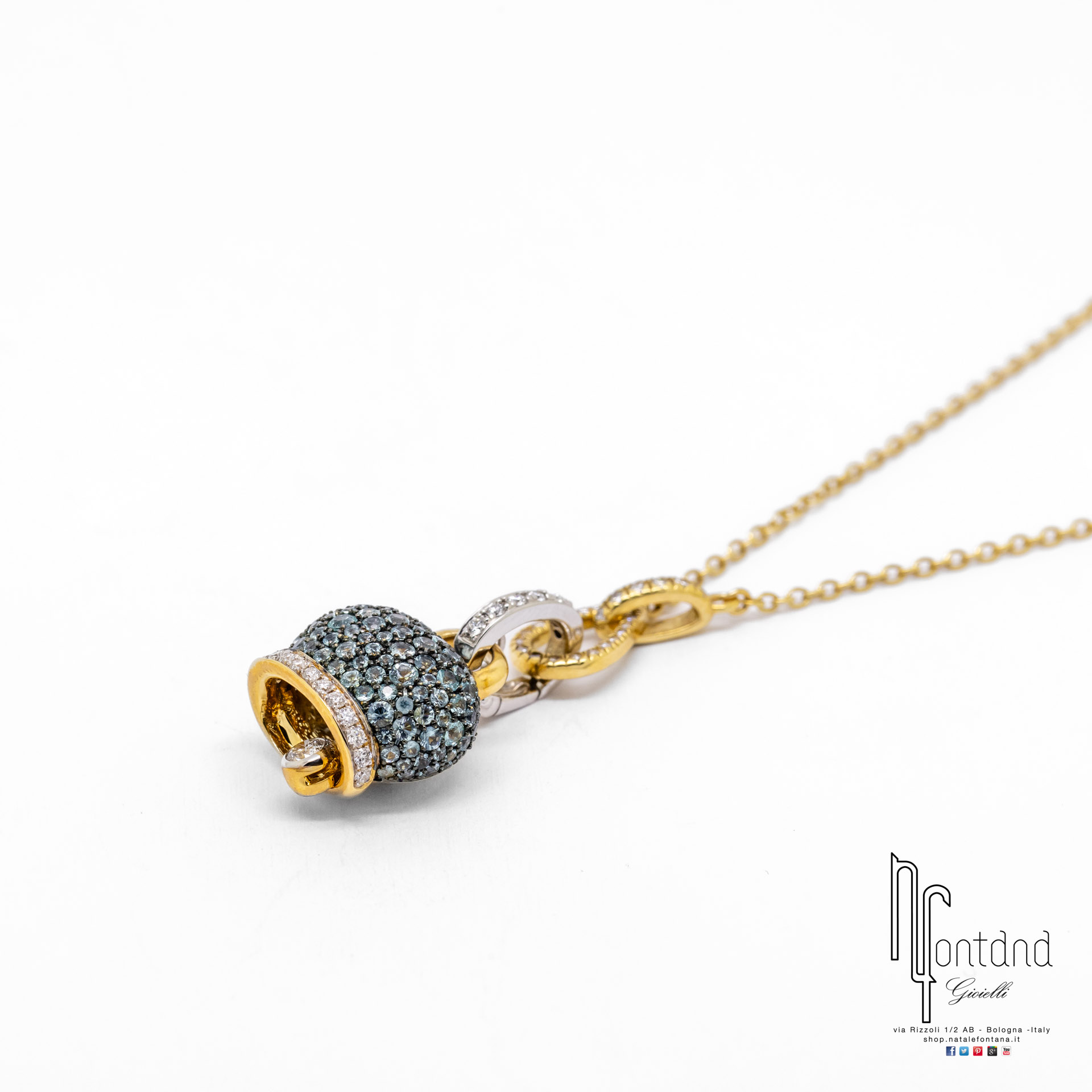 CIONDOLO CAMPANELLE IN ORO GIALLO E BIANCO 18KT, DIAMANTI E TORMALINA PARAIBA