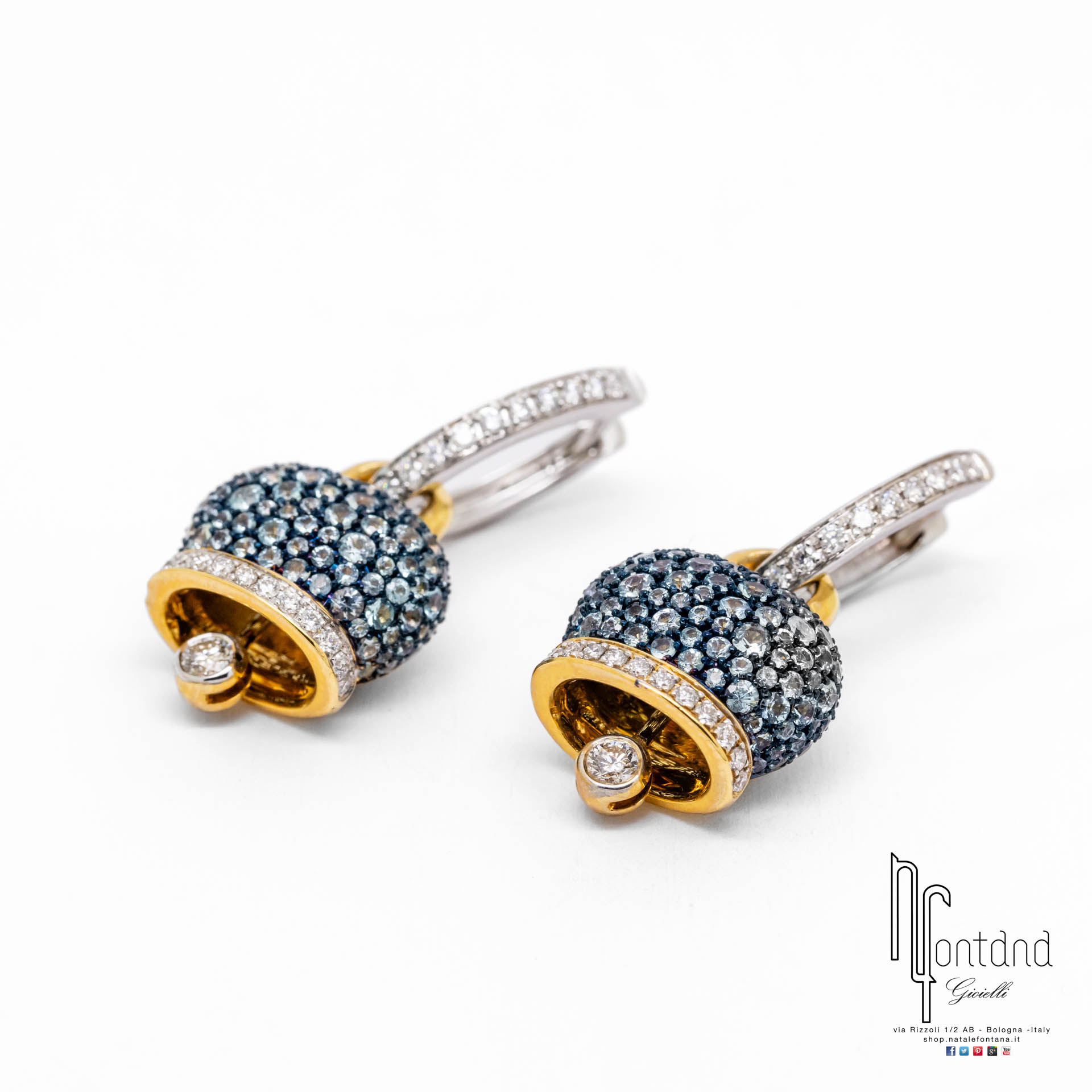 ORECCHINI CAMPANELLE IN ORO GIALLO E BIANCO 18KT, DIAMANTI E TORMALINA PARAIBA
