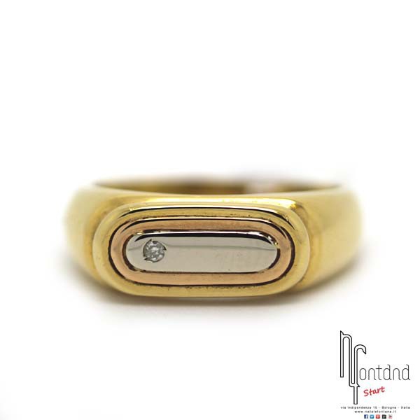 Anello Chevalier in oro giallo, bianco e rosso con brillantino laterale - uomo