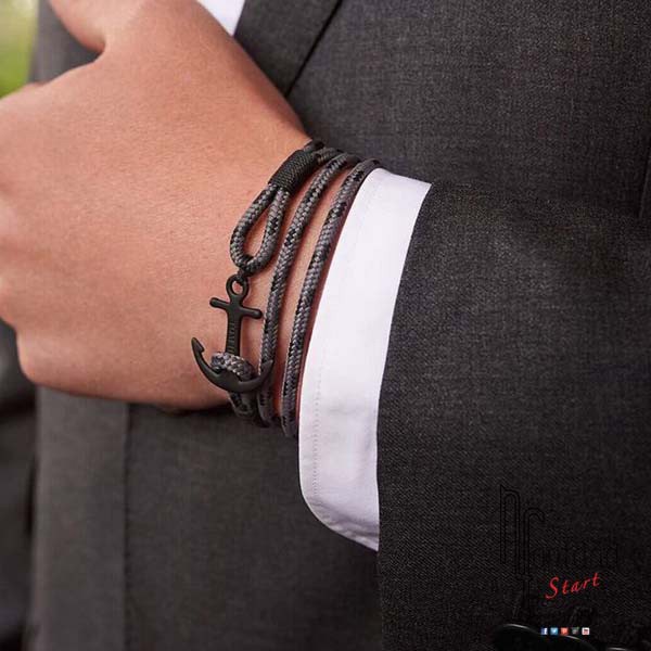 Bracciale Eclipse - ancora argentata con IP PVD nero, triplo giro, cordino grigio con cimosa nera - L