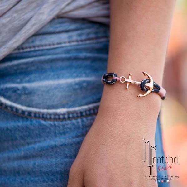 Bracciale Rose Gold - ancora placcata oro rosa, un giro, cordino rosa - M