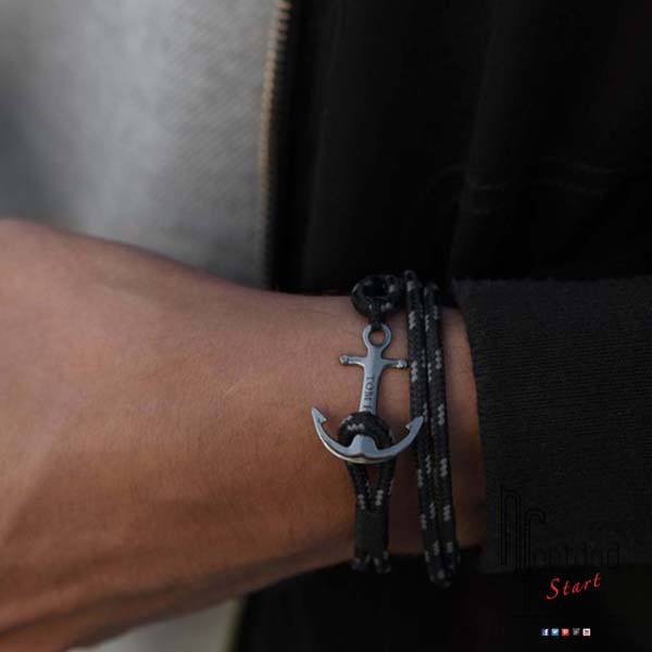 Bracciale Triple Black - ancora placcata platino nero, doppio giro, cordino nero - M