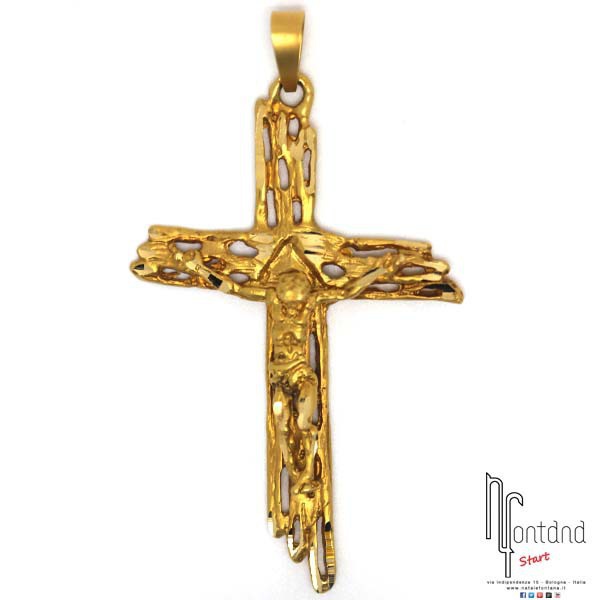 Ciondolo croce con Cristo lavorata a mano in oro giallo - grande