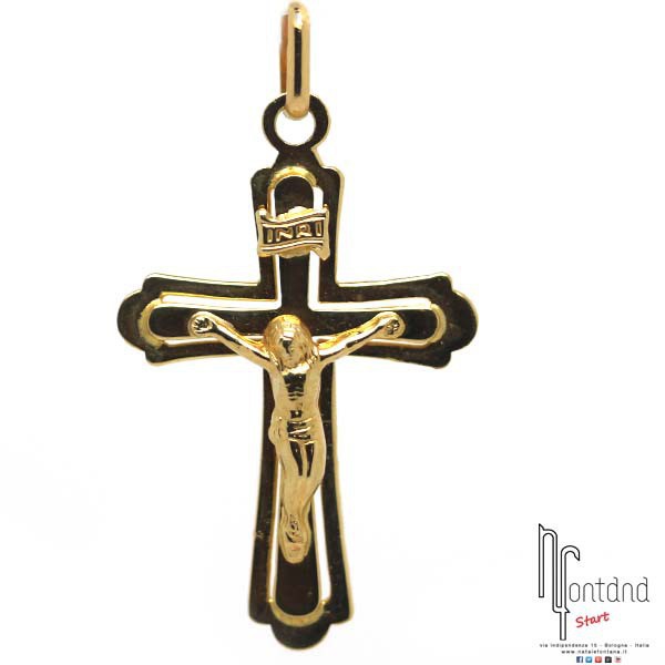 Ciondolo croce in oro giallo con Cristo e scritta INRI