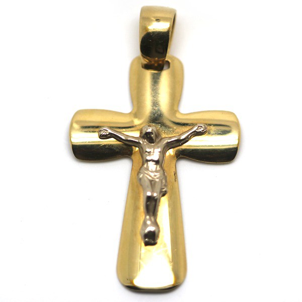 Ciondolo croce in oro giallo con Cristo in oro bianco