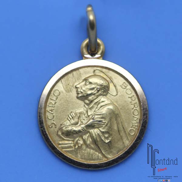 Ciondolo medaglia religiosa in oro giallo con raffigurazione di San Carlo Borromeo