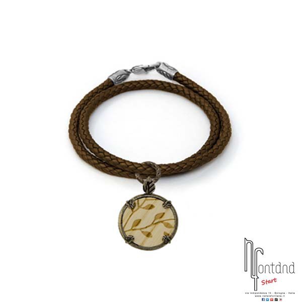ECOS Bracciale linea Continenti con doppio giro di pelle intrecchiata e ciondolo in legno di Frassino e argento 925
