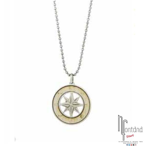 ECOS Collana da uomo con ciondolo Rosa dei Venti in legno di Frassino e argento 925 con catena a pallini