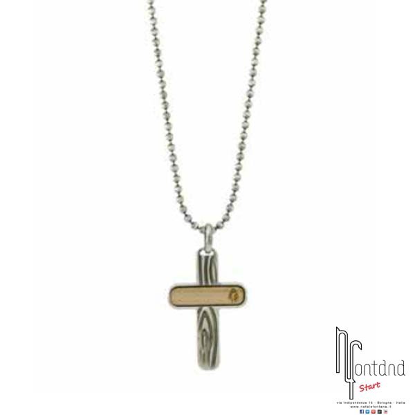 ECOS Collana da uomo con ciondolo croce in legno di Noce e ergento 925 con catena a pallini in argento