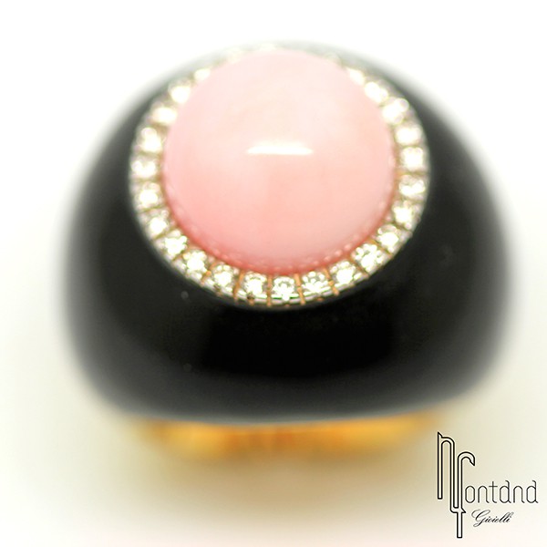 Anello Bonato in oro giallo kt 18 smalto nero, brillanti e opale rosa