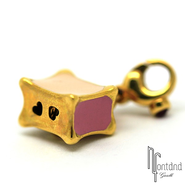 Ciondolo Valigia di Pasquale Bruni in oro giallo 18 kt, smalto rosa e diamante bianco
