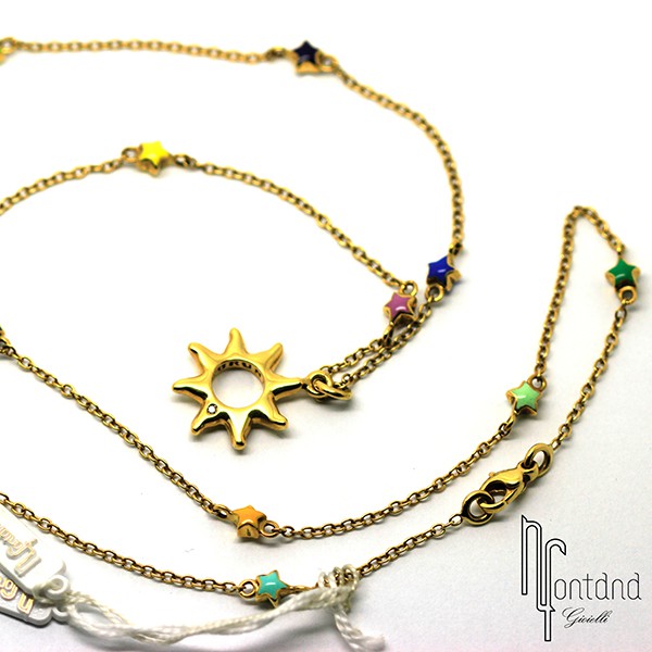Catena e Ciondolo Sole di Pasquale Bruni in oro giallo 18 kt, smalti colorati e diamante bianco