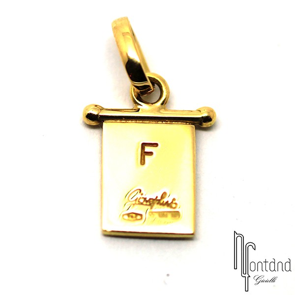 Bandierina F di Giovepluvio in oro giallo 18 kt e smalto a fuoco