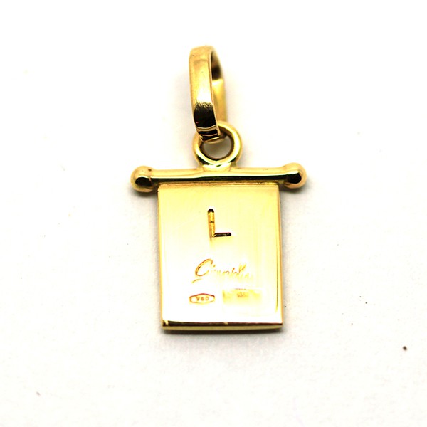 Bandierina L di Giovepluvio in oro giallo 18 kt e smalto a fuoco
