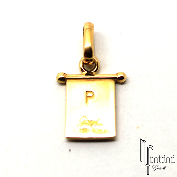 Bandierina P di Giovepluvio in oro giallo 18 kt e smalto a fuoco