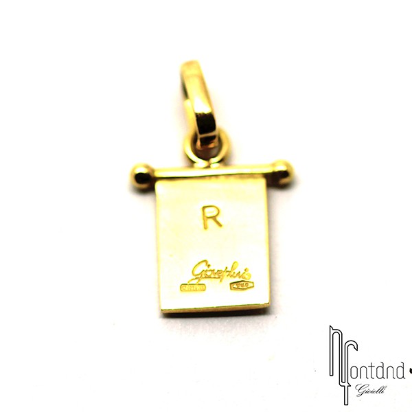 Bandierina R di Giovepluvio in oro giallo 18 kt e smalto a fuoco