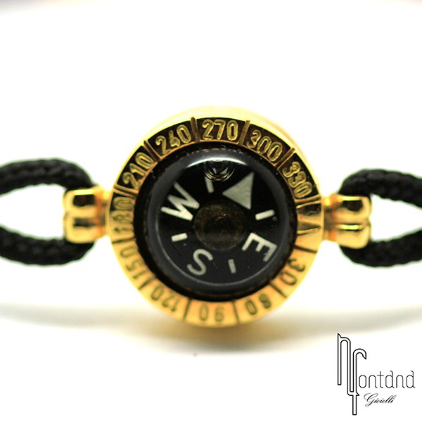 Bracciale con bussola operativa di Giovepluvio in oro giallo 18 kt e sagola in cotone da barca