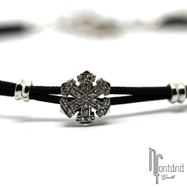 Bracciale Giovepluvio con fiocco di neve in oro bianco 18 kt, brillanti e sagola di cotone da barca