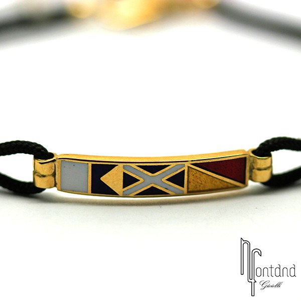 Bracciale con bandierina di Giovepluvio in oro 18 kt giallo, smalti e sagola in cotone da barca