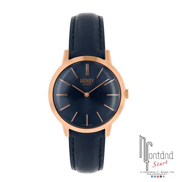 Henry London orologio Lady con cassa in acciaio laminato rose gold, cinturino in pelle blu, quadrante blu