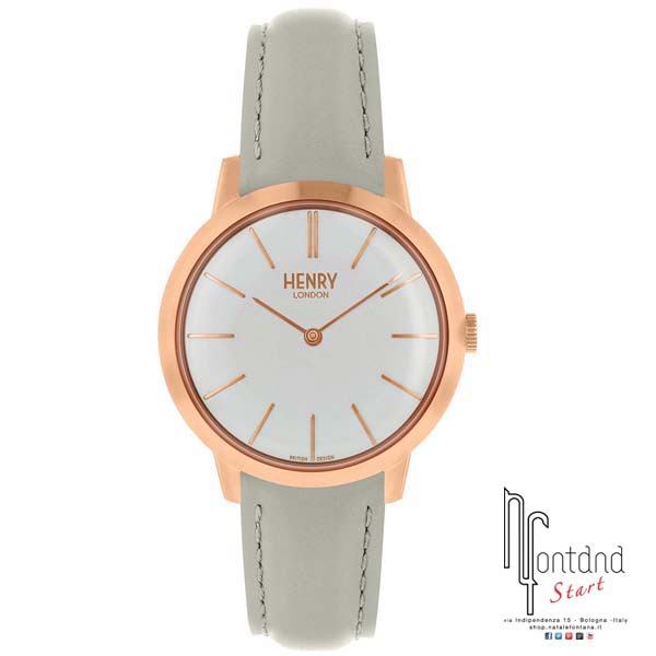 Henry London orologio Lady con cassa in acciaio laminato rose gold, cinturino in pelle grigio, quadrante bianco