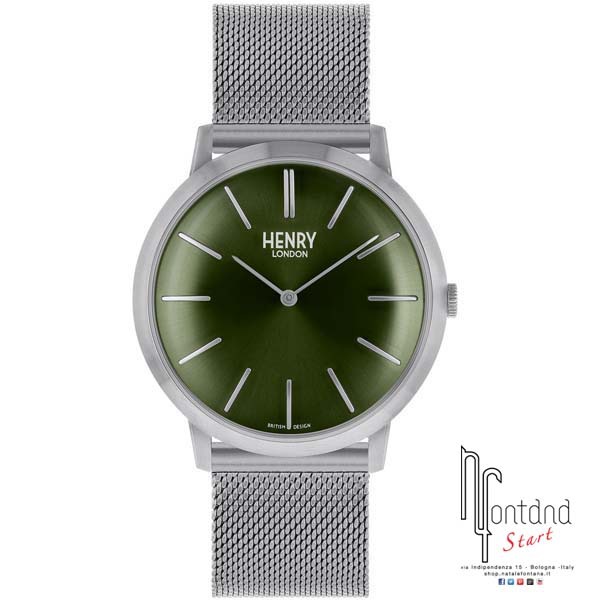 Henry London orologio con cassa e cinturino maglia milanese in acciaio, quadrante verde