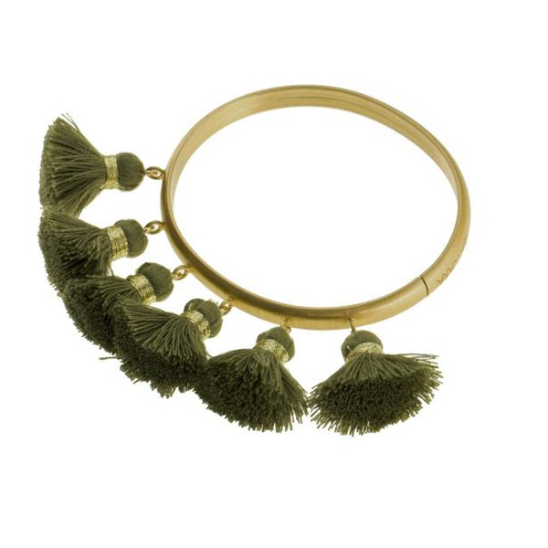 ISHWARA - Bracciale Tassel Bangle sei nappine di colore verde kaki - argento placcato oro giallo 24ct