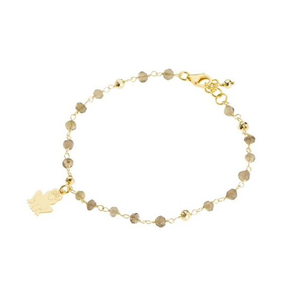 ISHWARA - Bracciale quarzo fumè con pendente rana - argento placcato oro rosa