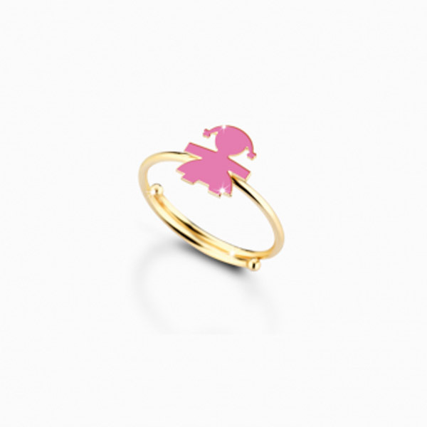 LeBebè - Anello PRIMEGIOIE in oro giallo con sagoma bimba in smalto rosa
