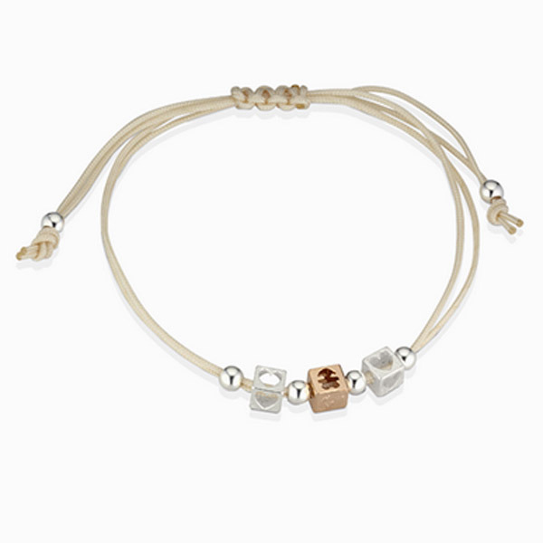 LeBebè - Bracciale DADINI con sagoma bimba in oro rosa e due cuori in argento su cordoncino nautico